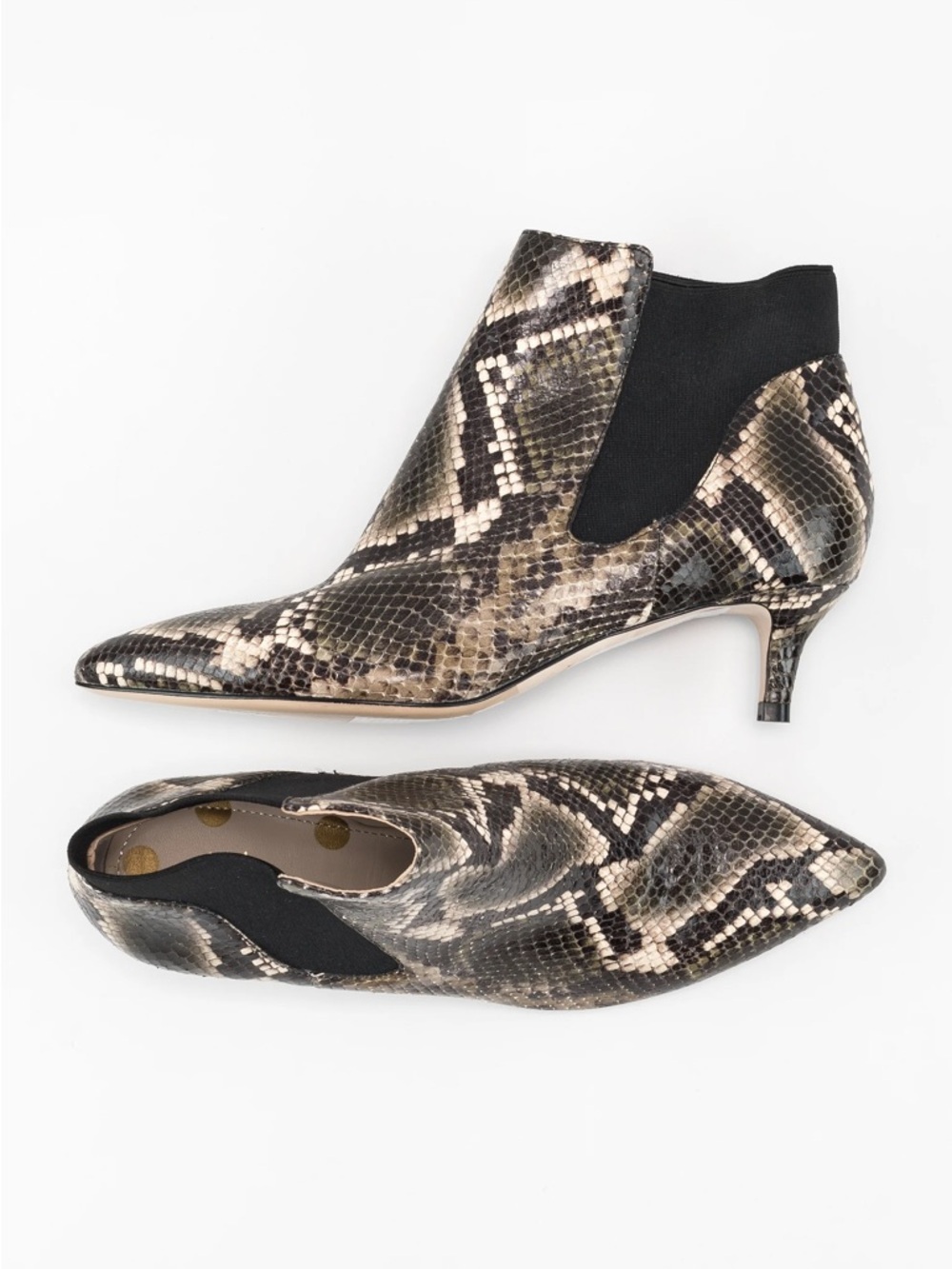 Boden Snake-Print Pointed Kitten Heel Ankle Boots - Black/Tan